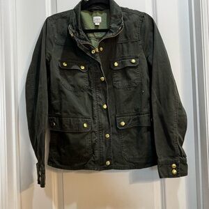 J Crew Green Jacket Medium Back Adjustable Tabs FullZip Gold Buttons 100% Cotton